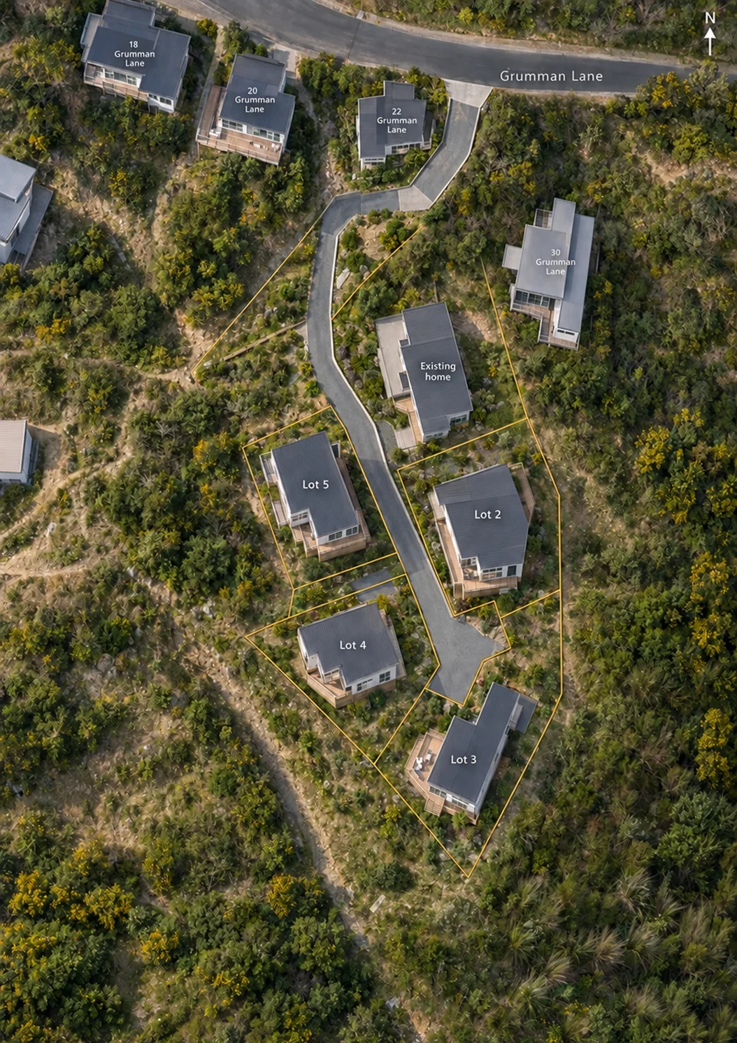 Plan-informed aerial architectural illustration; approximate boundaries and proposed houses